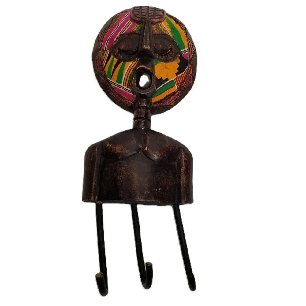 African Wood Mask Wall Hook Colorful Tribal Decor Handcarved Bohemian